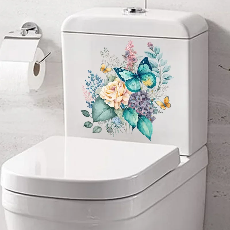 

Watercolor Flowers Butterfly Toilet Wall Sticker Bathroom Decor Decals Living Cabinet Home Decoration Self Adhesive Mural