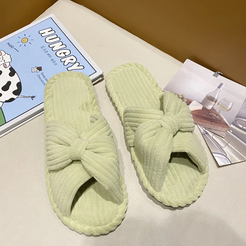 Women Fashion Corduroy Cross Slippers Cute Butterfly-Knot Home Slides Flat Indoor Floor Flip Flops Outdoor Casual Ladies Slipper