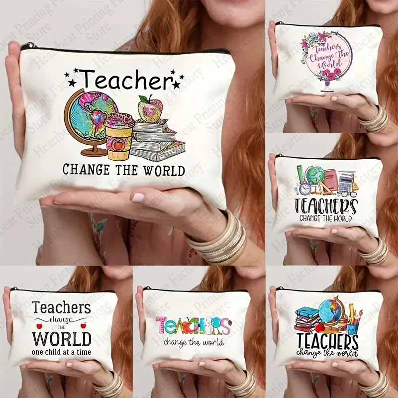 Teacher Change The World Print Kosmetyczki Kosmetyczka Prezent na ukończenie szkoły dla nauczycieli Powrót do szkoły Piórnik dla nauczyciela