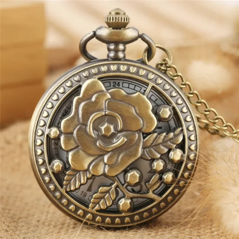 Classic Hollow-Out Flower Cover Arabic Number Quartz Pocket Watch for Men Women with Sweater Necklace Chain Timepiece