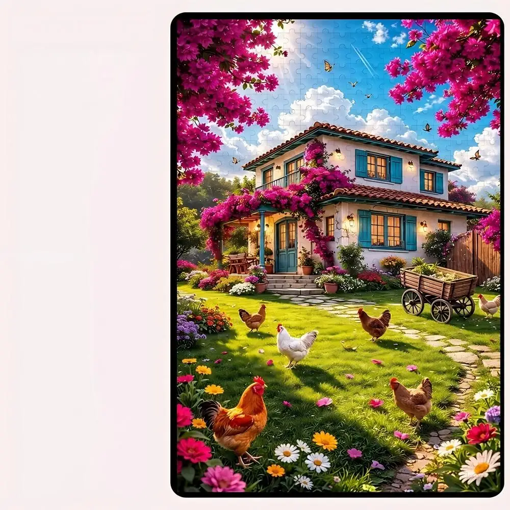 Landscape Jigsaw Puzzle,Dahlia Still Life,Farm House with Chickens Mt.Fuji Cherry Blossom,Whimsical Village,Home Decor Gift