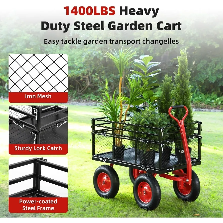 Garden cart for outdoor use, steel construction, black, 1400 lbs capacity with 16 all-terrain tires and removable mesh sides