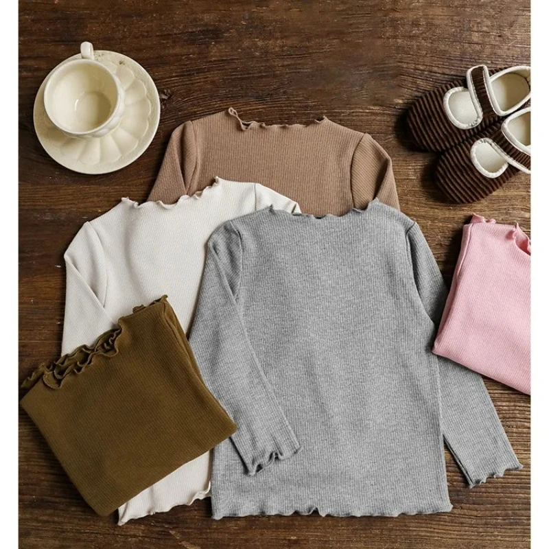 Toddler Girls Chic Ruffle Lace Turtleneck Top Soft Stretch Imitation Wool Long Sleeve Blouse Kids Casual Daily Wear Shirt