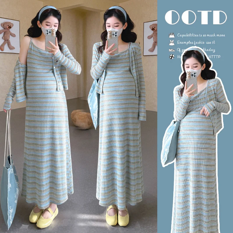 

Maternity Clothes Summer 2026 Minimalist Stripe Spaghetti Strap Dress and Short Cardigan for Pregnant Women