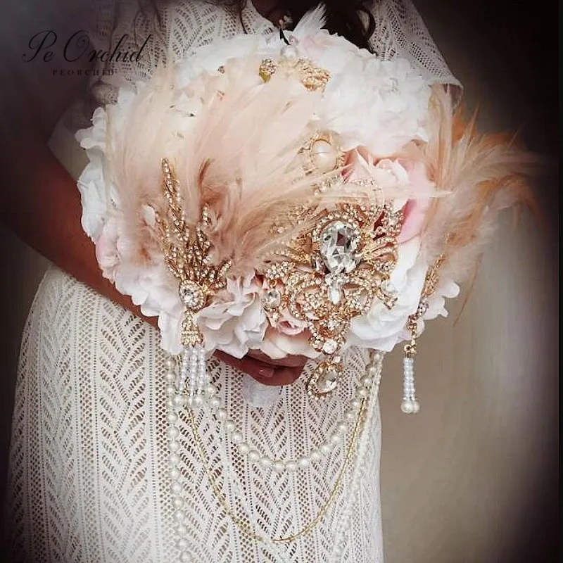 

PEORCHID 2025 Gatsby Bridal Brooch Bouquet Feathers Blush Pink and Ivory Vintage Draping Pearl Jeweled Wedding Cascading Bouquet