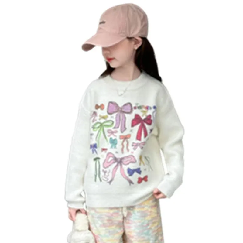 

Child Trendy Mink Cashmere Sweater With Bow For Girl Spring Clothing Knitted Outerwear School Kids Elegant Bowknot Knitwear