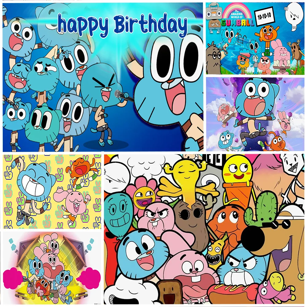 

Cartoon Worlds & G-Gumballed Birthday Party Decoration Backdrop Comedy Style Pet Cat Rabbit Background Supplies Photography Prop