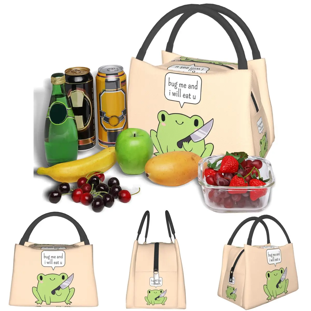 Cute Frog With A Knife Lightweight Handheld Insulated Lunch Bag Aluminum Foil Liner for Adults Students Travel Picnic