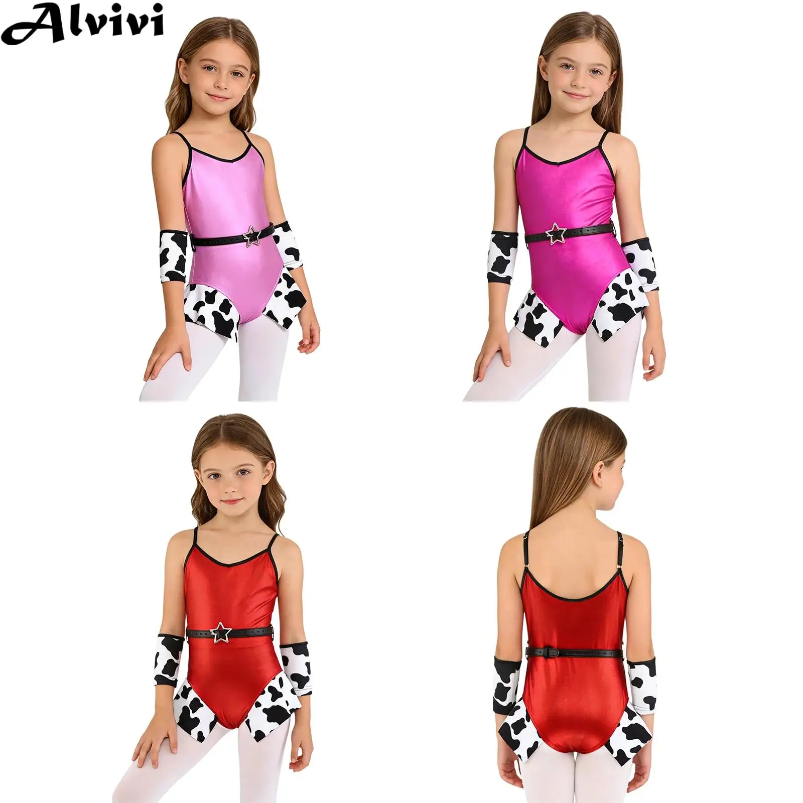 

Kids Girls Metallic Shiny Cow Print Jazz Dance Bodysuit with Arm Sleeves Belt Halloween Carnival Western Cowgirl Cosplay Costume