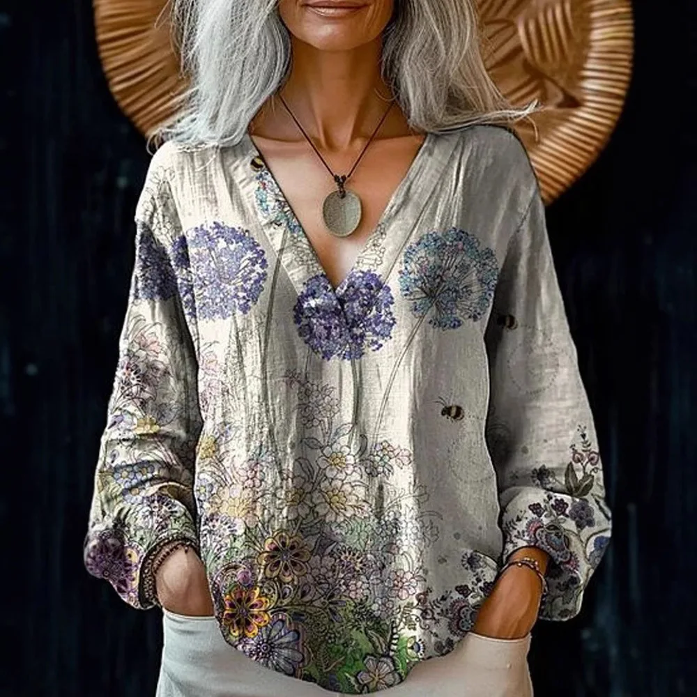 Women's Summer Long Sleeve Top Female Contrast Printed Loose T-shirt Lady's Casual Vacation Button V-neck Shirt Women's Clothing