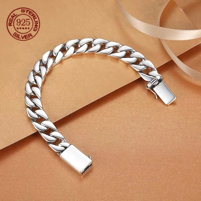 S925 Sterling Silver Curb Chain Bracelet Cuban Link Bracelet Smooth Polished Silver Bracelet Daily Wear Jewelry for Women Men