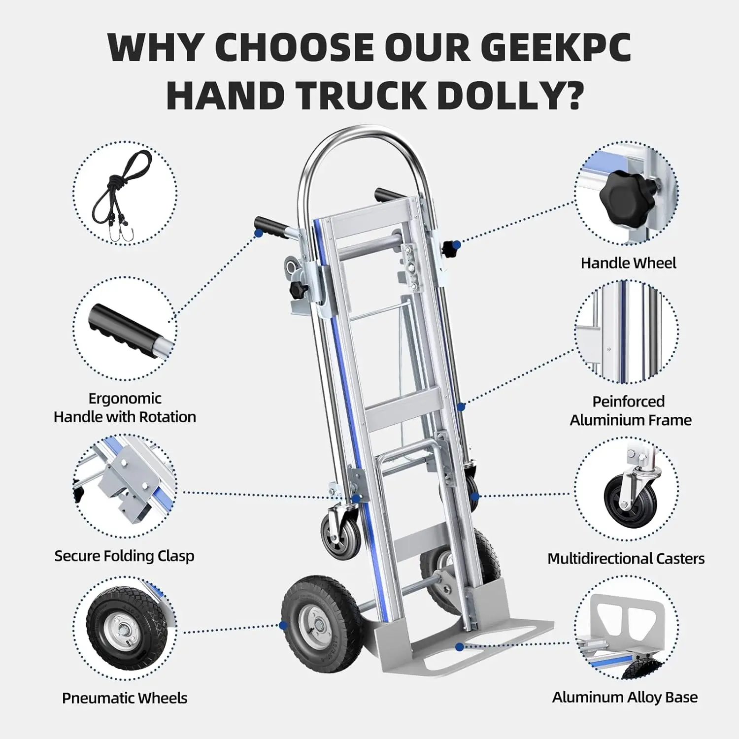 Camión de mano de aluminio, camión de mano convertible 3 en 1 Dolly de capacidad de 1000 libras, ruedas neumáticas - Carro plegable resistente