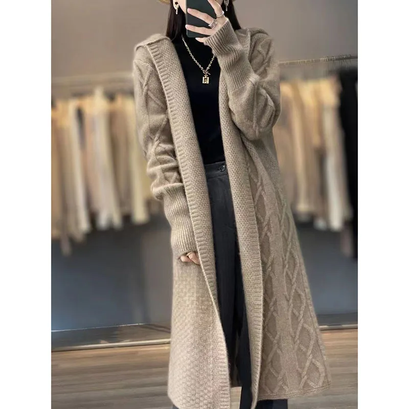 Autumn Winter Long Sleeves Cardigan Knitting Female Plush Sweater French Hooded Women Sweaters Medium Long Styles Lady Knitwear