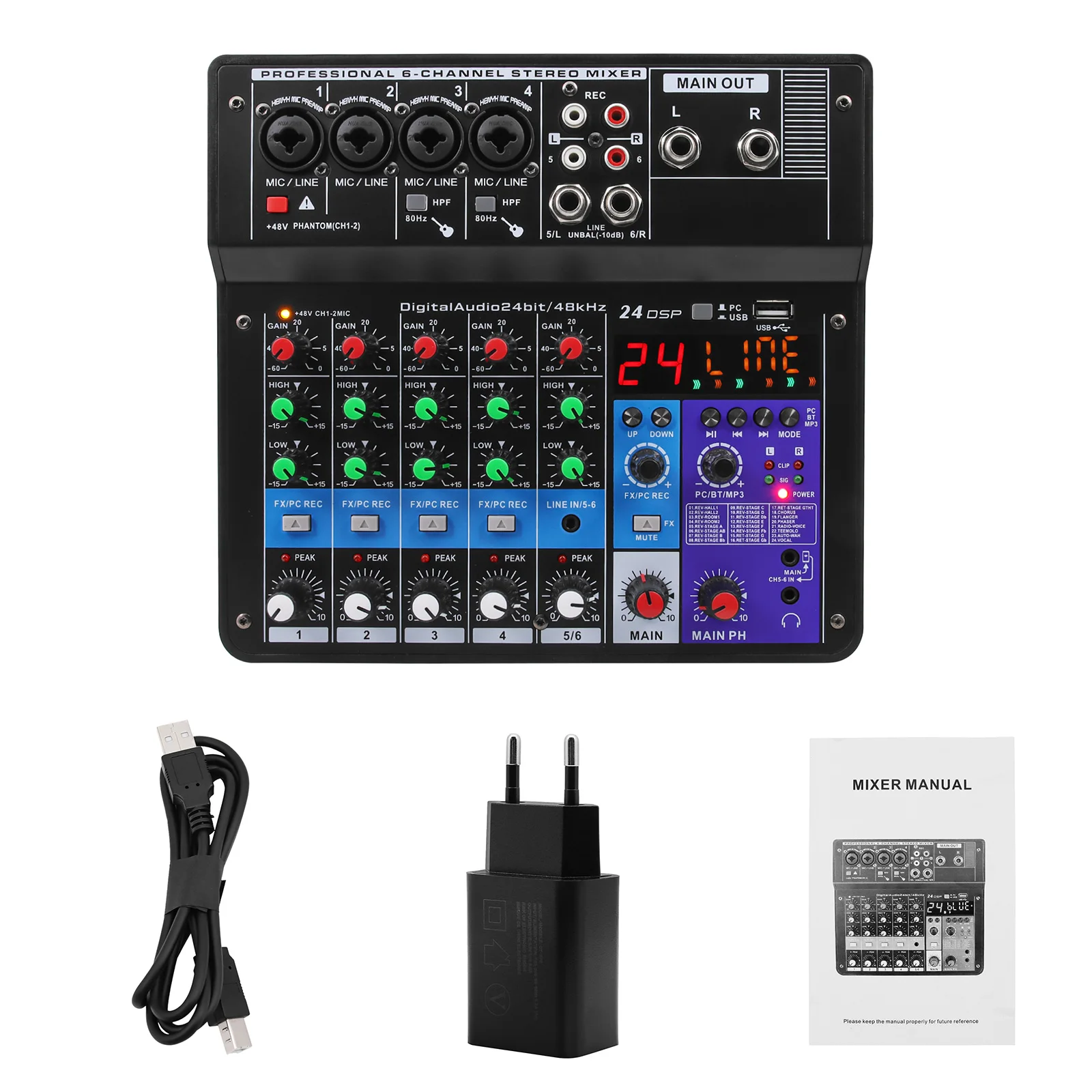 6 Channel Audio Mixer Professional Portable Mixer Sound Table Board Digital MP3 Computer Input 48v Power Number A6 Sound Card