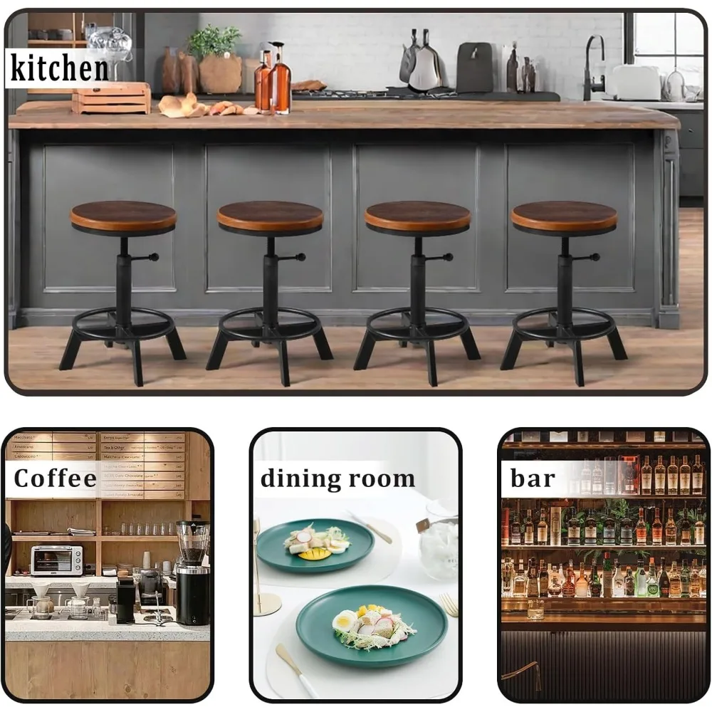 Taburetes de bar giratorios de estilo industrial - Asientos de madera rústica con altura de mostrador para isla de cocina - Altura ajustable de 17,7 a 24 pulgadas
