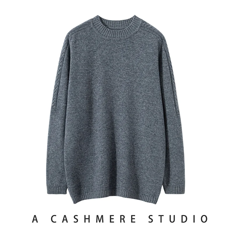 2025 Men's Sweater Pullover Long Sleeved Autumn Winter 100% Pure Wool Loose Round Neck Solid Thickened Warm Simple Casual Tops