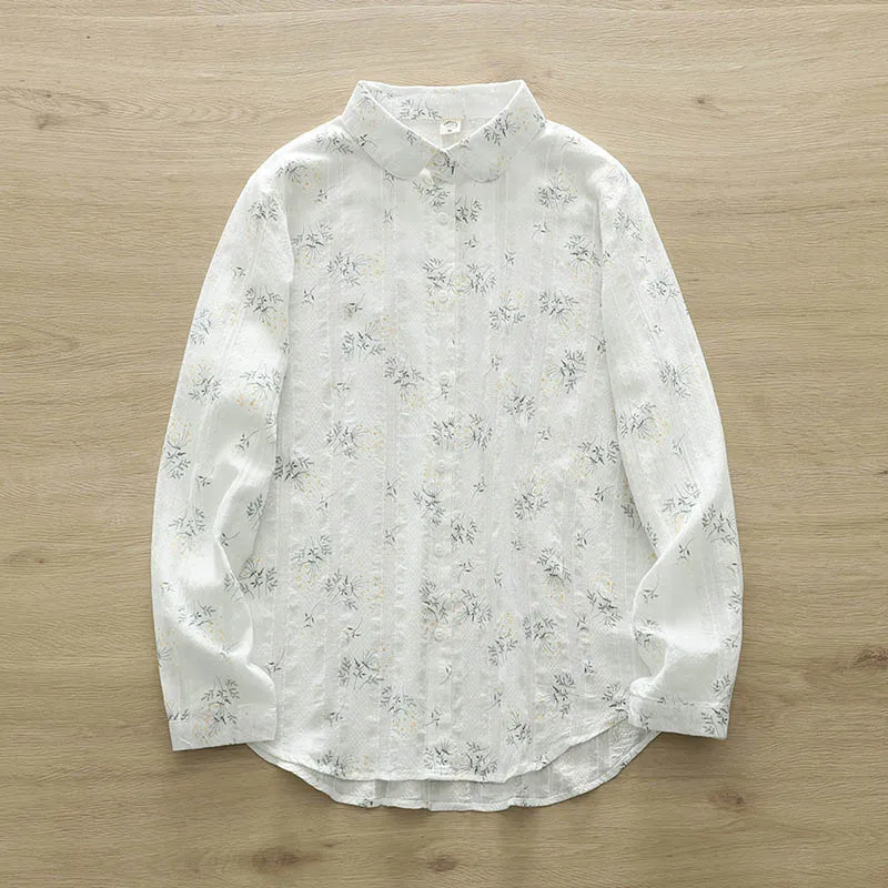 Korean Fashion Floral Blouse Women\'s Long Sleeve All-match Bottom Shirts Good Quality Office Lady Cotton Tops Loose Style SY058