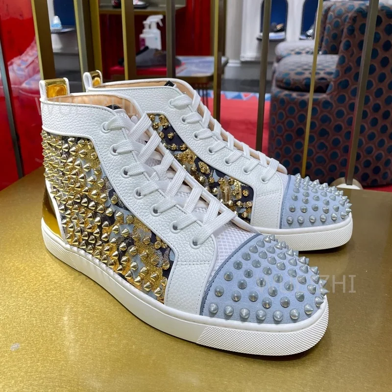 Leopard Light Blue Graffiti Rivet Sneakers Men's Flat Ankle Casual Lace-Up Sports Comfortable Shoes Mesh Couple Printed Leather