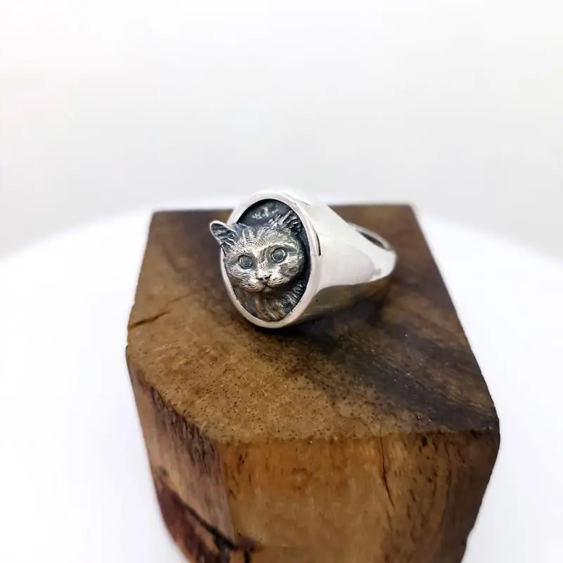 Retro Floating Head Carved Cat Head Ring for Men and Women Niche Cute Personality High-end and Indifferent Style Opening Ring