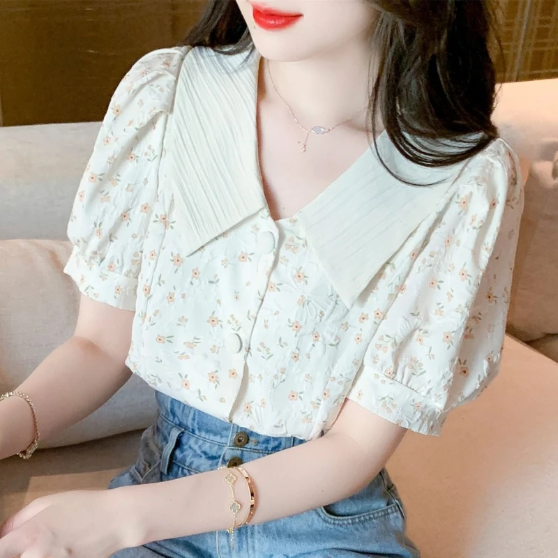 Blouses Women Floral Sweet Simple Design Peter Pan Collar Leisure Girlish All-match French Style Tender Summer Puff Sleeve Daily