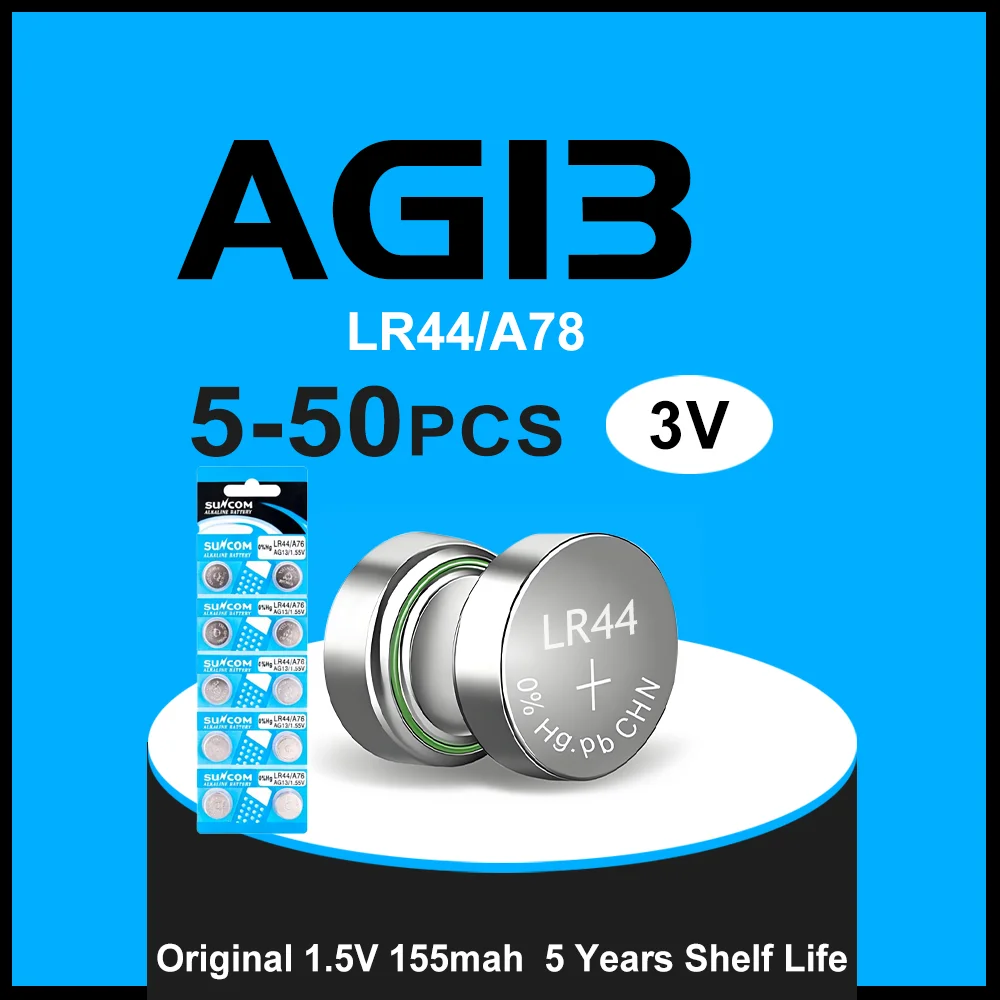 New 5-50pcs LR44 AG13 1.5V 155mAh button battery, SR44 LR1154 watch calculator toy remote control button battery