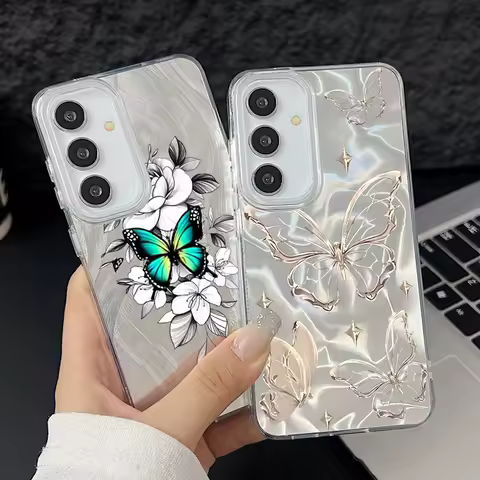 Gold Butterfly Print Laser Phone Case For Samsung Galaxy A55 A15 A16 A35 A25 A54 A56 5G S25 S24 S23 Ultra S24 FE S22 Plus Cover