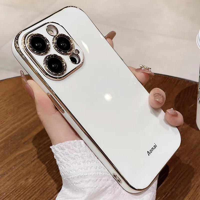 iPhone 17 Air 16 15 14 11 12 13 Pro Max Mini Plus用 ソリッドカラーシリコンケース メッキ加工 レンズ保護 ソフトカバー