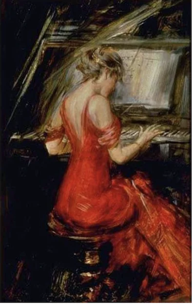 Palette Knife Painting Portrait Woman Play the Piano Oil Painting on Canvas Hand Painted Girl in Red Dress Figure Painting