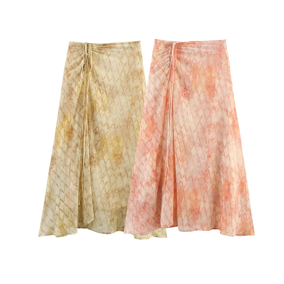 Damska stylowa spódnica z nadrukiem 2025 letnia elegancka luźna impreza wakacyjna minimalistyczna mieszanka drukowana sznurkiem szyfonowa nieregularna spódnica