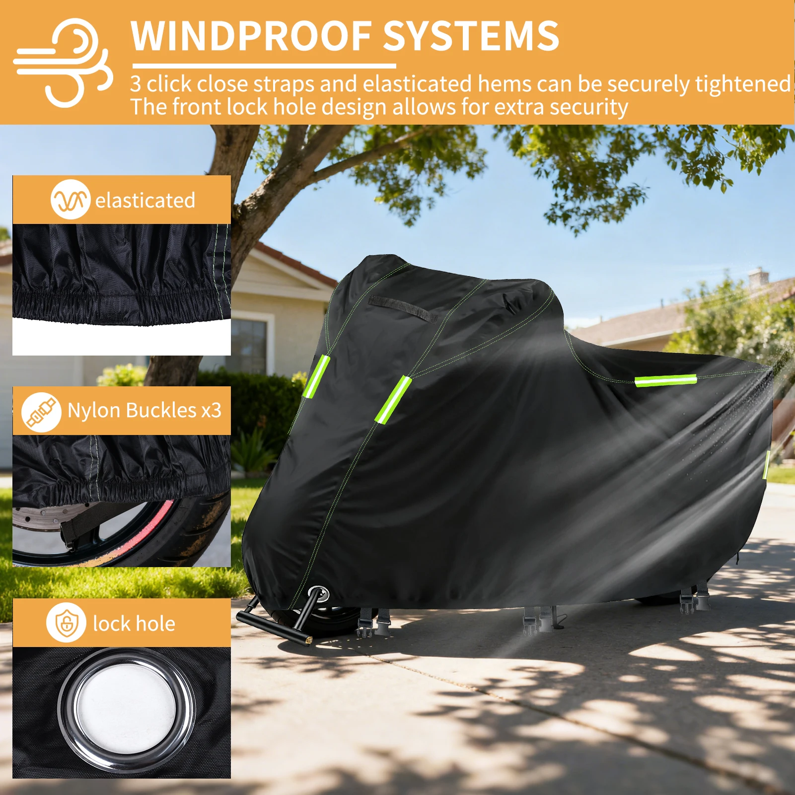 オートバイカバー 防水 屋外 反射材付き バイクカバー オールシーズン 防塵 紫外線防止 耐摩耗性 収納袋付き