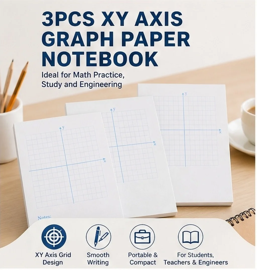 3Pcs Math Xy Coordinate System Notepad Precise Graph Paper for Students Teachers Engineers Classroom Homework Practice Grid