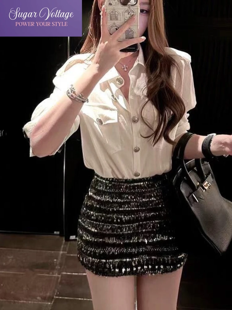 

Корейский модный элегантный комплект из 2 предметов, женские тонкие рубашки с длинными рукавами и пуговицами с лацканами + юбка с высокой талией, французский повседневный однотонный шикарный наряд