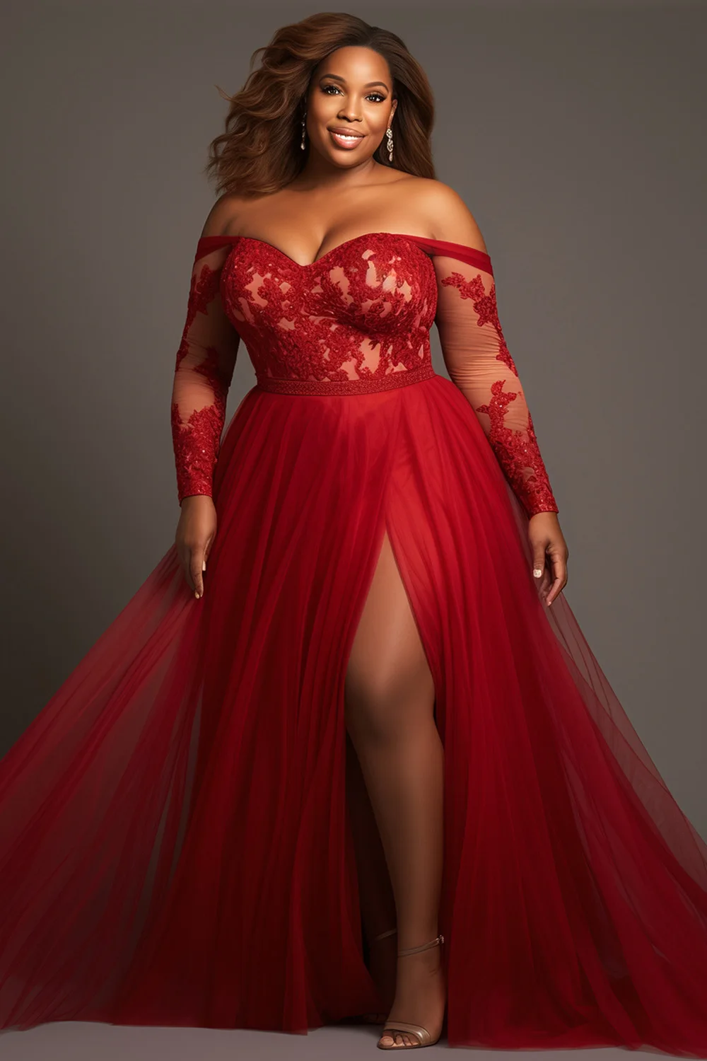 Plus Size Christmas Red Off The Shoulder Long Sleeve Split See Through Tulle Lace Maxi Dresses