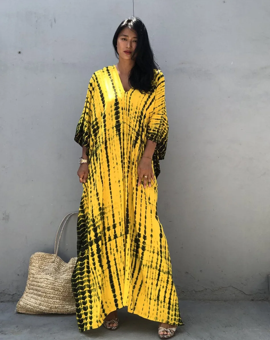 Boho Streaked Tie Dye Long Caftan Kaftan Dress for Women, V-Neck Batwing Sleeve Oversized Printed Maxi Robe with Side Pockets, C