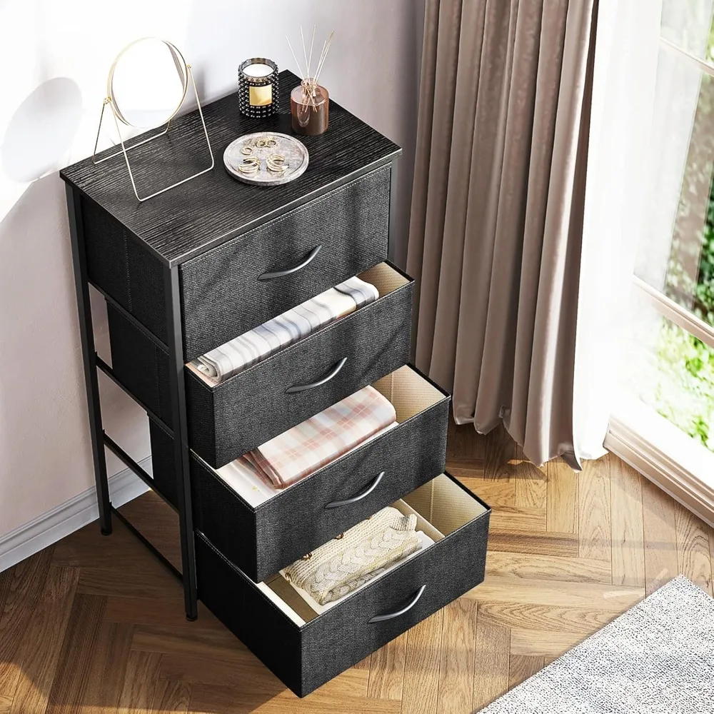Cómoda para dormitorio con 4 cajones de almacenamiento, cómoda pequeña con cajones de tela con estructura de acero resistente, tapa de madera, negro