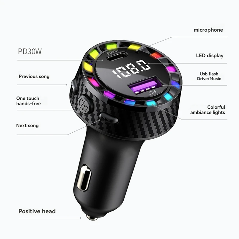 Car Bluetooth Charger PD30W USB Port Fast Charging Adapter With LED Light Voltage Monitor FM Bluetooth Transmitter