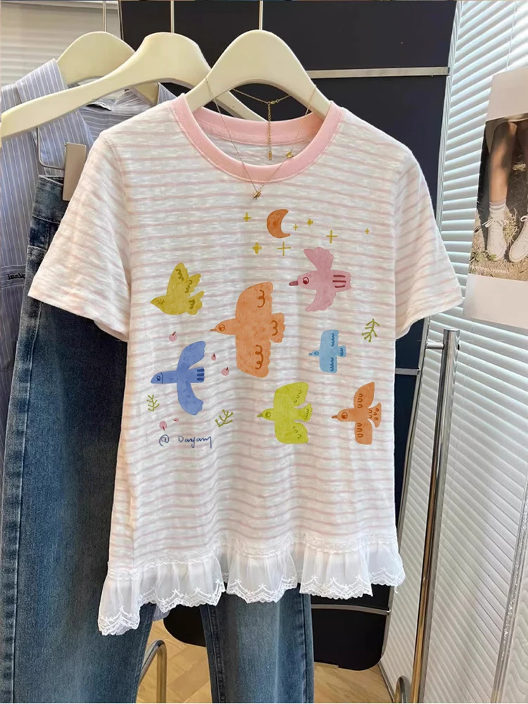 Korean Sle Casual ort Sve T-irt ex Summer Creative Stripe Print Top Moisture ng Sweat Absorbent Regular Fit