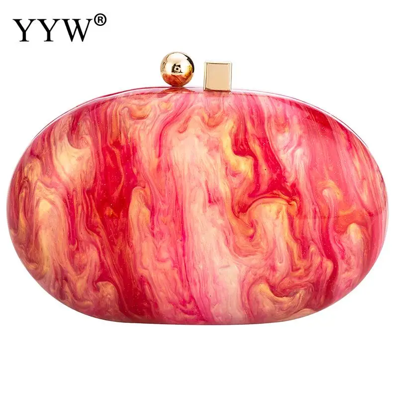 Fashion Oval Acrylic Clutch Handbag Colorful Marble Women Wedding Party Evening Hard Bag Metal Chain Crossbody Messenger Purse