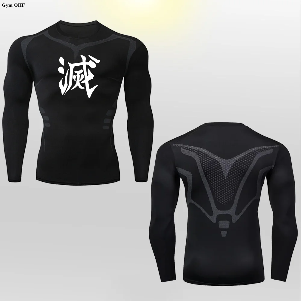 Running T-Shirt Men's Long Sleeve Demon Slayer Print Compression Shirt Outdoor Fitness Second Skin Quick Dry Sportswear Tops