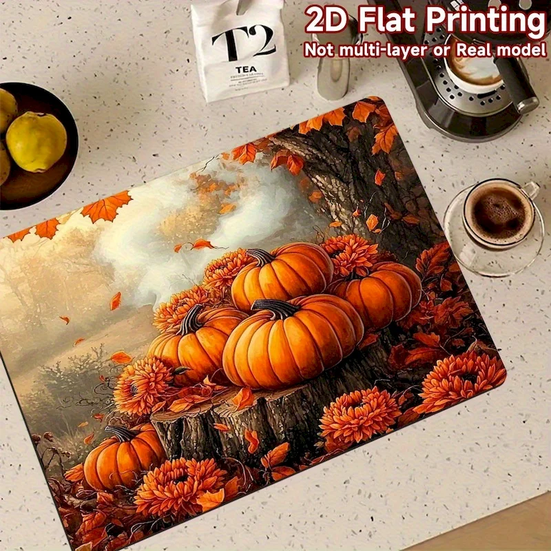 VIKAMA Retro Autumn Pumpkin Maple Leaf Drying Mat Autumn Forest Waterproof and Anti slip Kitchen Tabletop Mat Home Decoration
