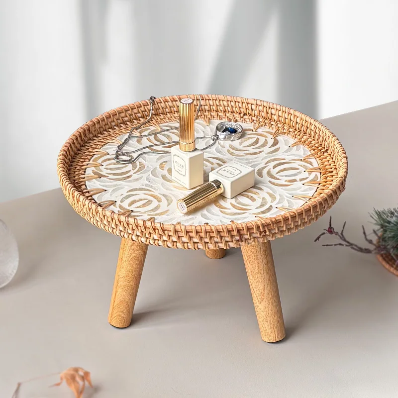 Nordic Handwoven Rattan Coffee Table, Shell-Shaped Tatami Side Table with Wide Edge and Triangular Legs, Detachable Compact