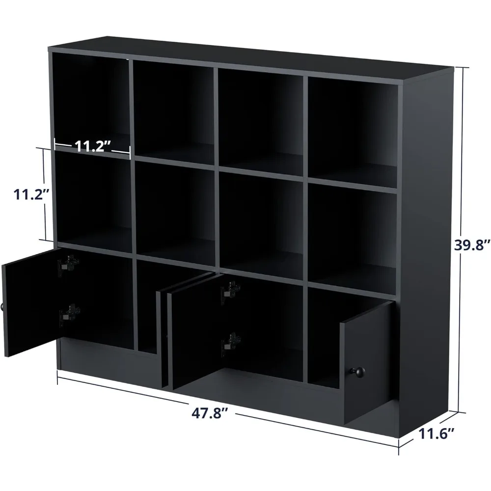 Wood Bookcase, 12 Cube Storage Organizer Shelf with 4 Doors, 3 Tier Storage Cabinet with Anti-Tilt Device for Bedroom