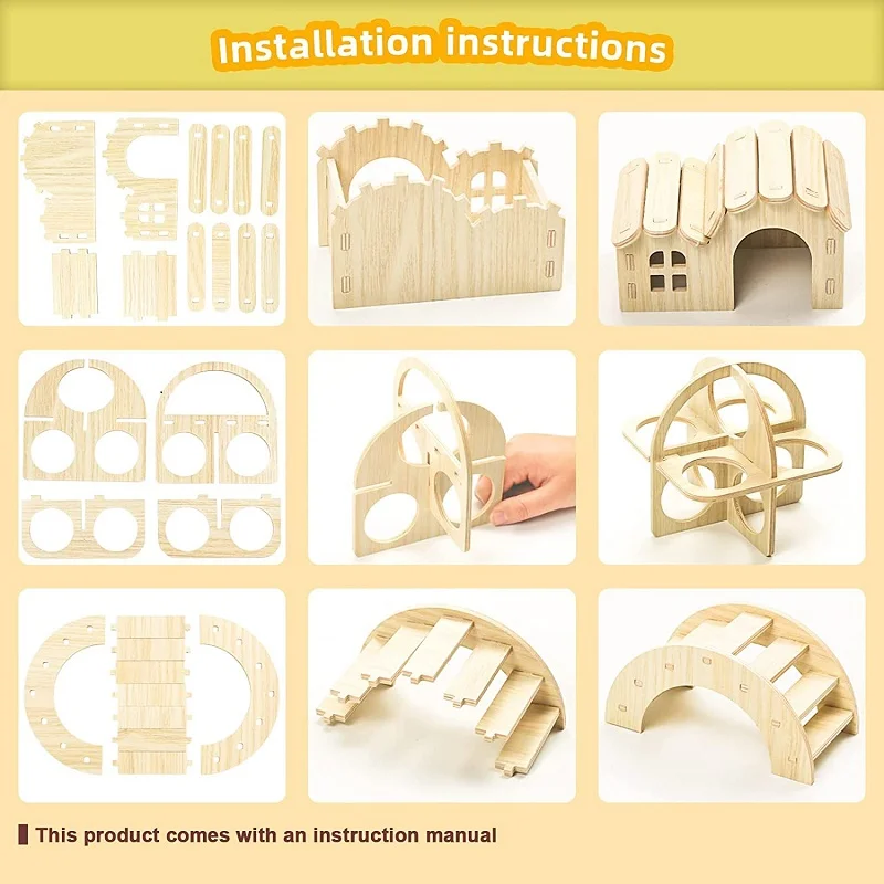 Pet Hamsters House DIY Wooden Gerbil Hideout Bridge Swing and Chinchilla Seesaw Pet Sport Exercise Toys Set  Cage Accessories