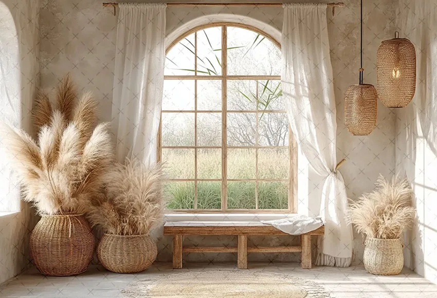 Mehofond photographie fond Boho intérieur Pampasgrass fenêtre enfants fête d'anniversaire mariage Portrait décor toile de fond Photo Studio