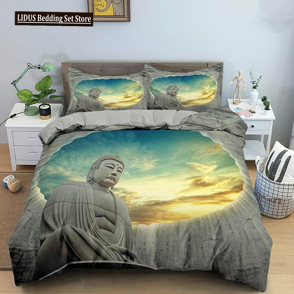 

Buddha Duvet Cover Set Microfiber Buddha Statue Exotic Ethnic Bohemian Bedding Set For Buddhist Devotees Double Queen King Size