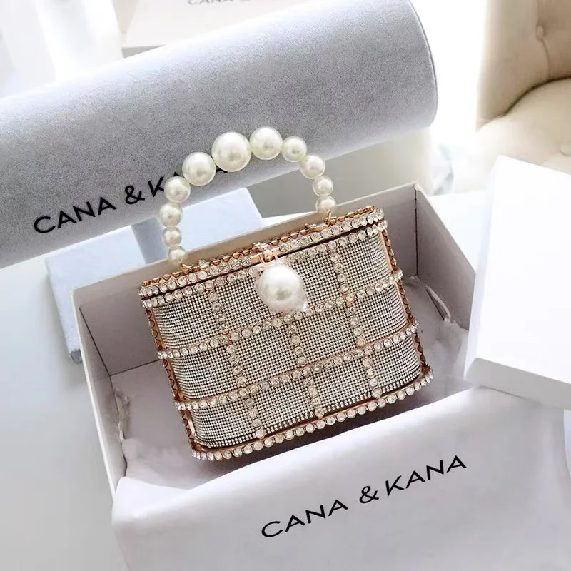 Luxury Metal Cage Pearl Beading Women\'s Handbag Shiny Rhinestones Diamond Evening Bag Wedding Party Clutch Purse Crossbody Bag