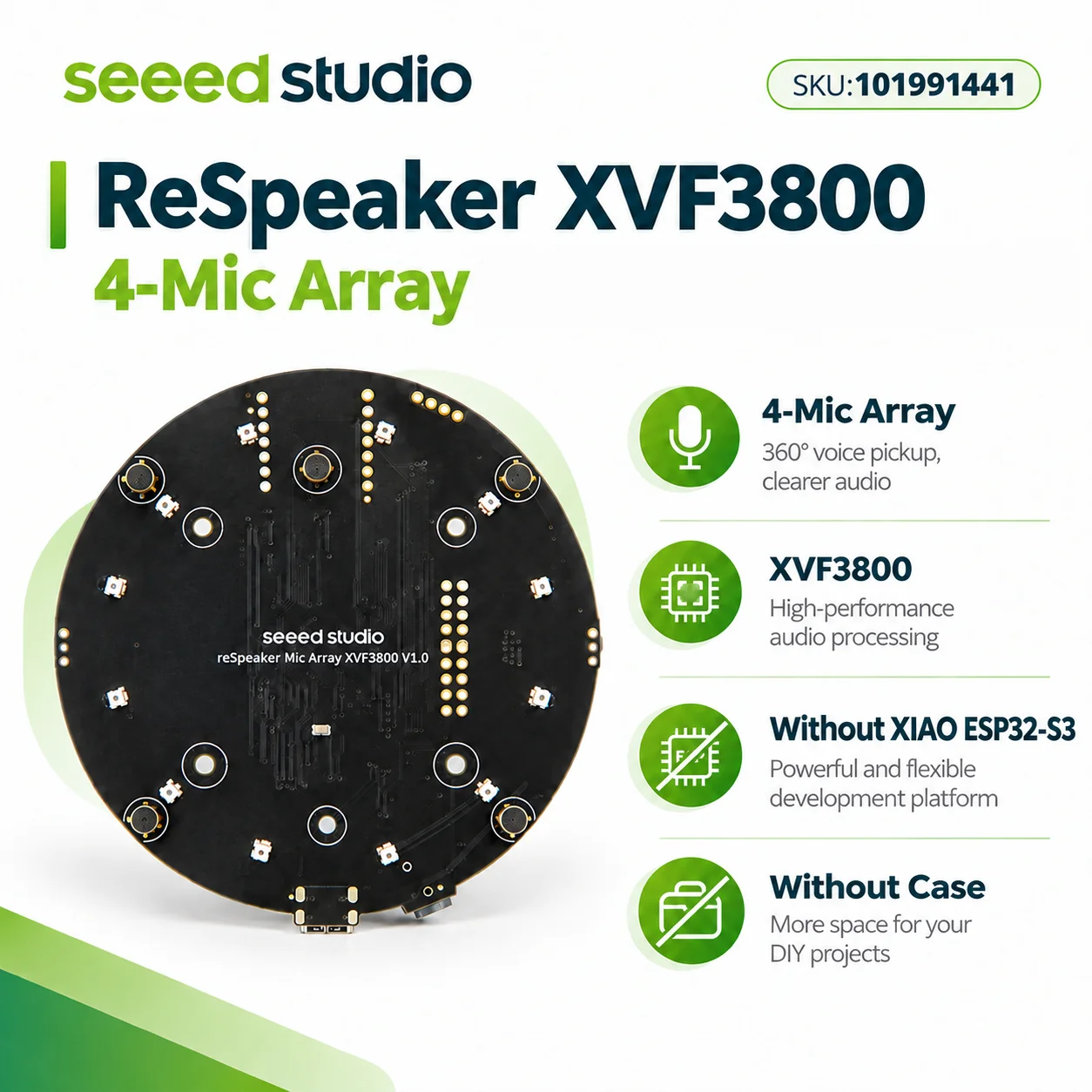 ReSpeaker XMOS XVF3800 KI-gesteuertes 4-Mikrofon-Array ESP32S3 Mikrofon AEC Besprechungsraum 5m 360° ° Fernfeld-Sprachaufnahme Wi-Fi Bluetooth