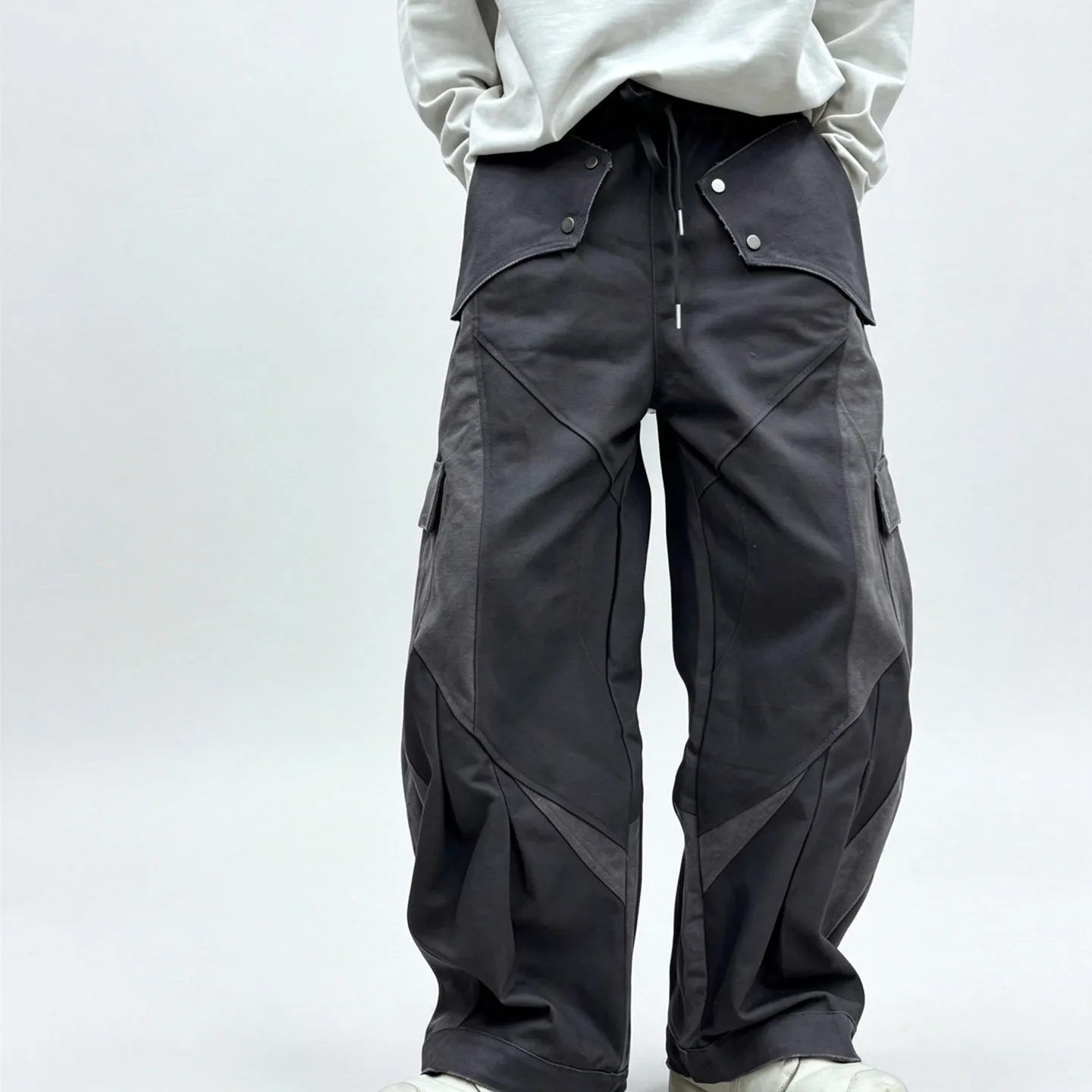 American Style Retro Washed Stitching Loose Cargo Pants Personality Stand Cut Profile Casual Trendy All-Match Wide Leg Men
