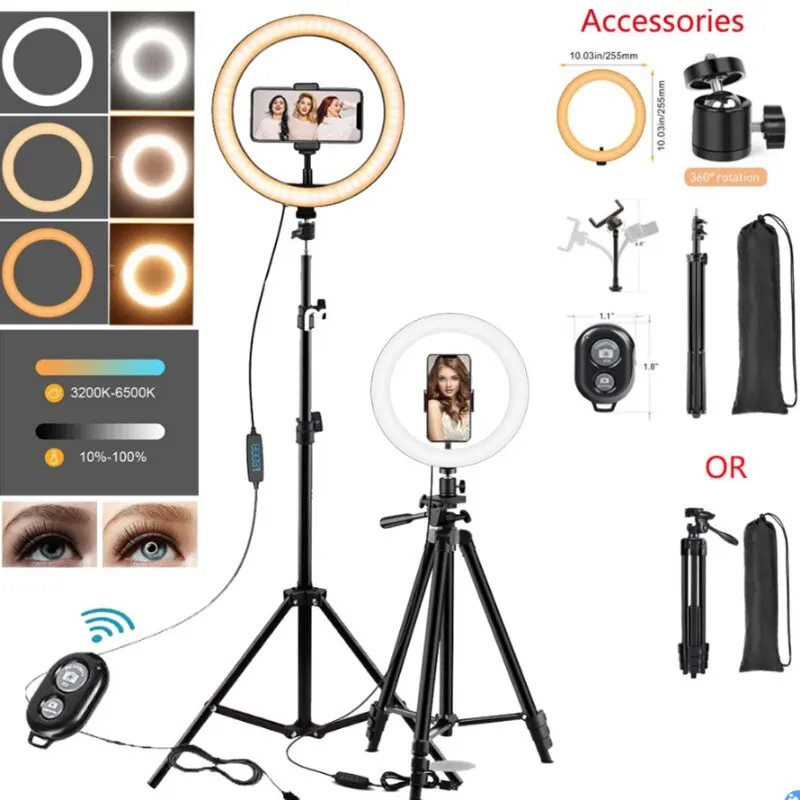 LED selfie Ring Light com tripé ajustável, lente do telefone, lâmpada de controle remoto, iluminação fotografia, stand titular, carregador USB, 26cm