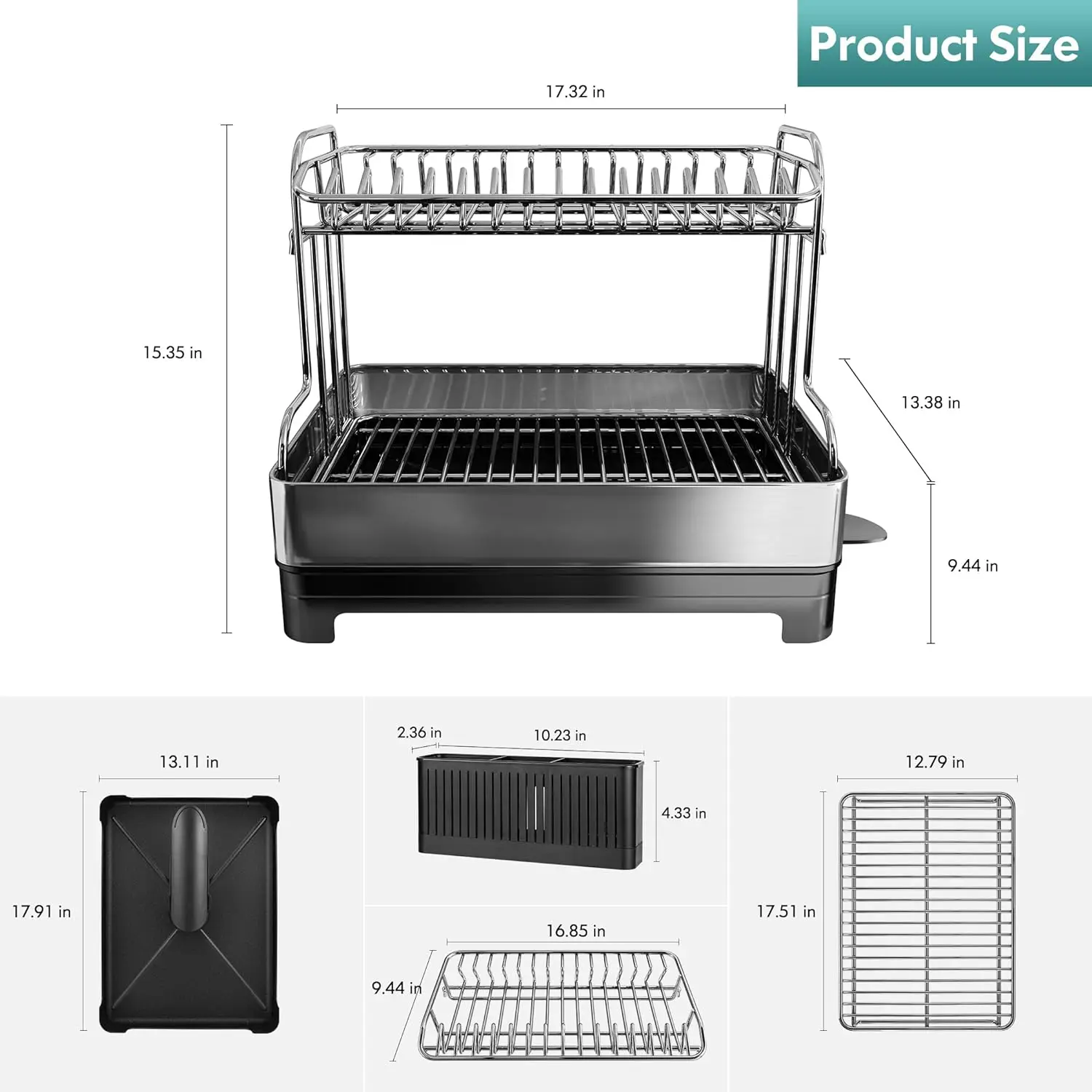 Dish Drying Rack,2 Tier Large Dish Rack and Drainboard Set with Swivel Spout Drainage,Full Size Dish Drainer with Utensil Holder